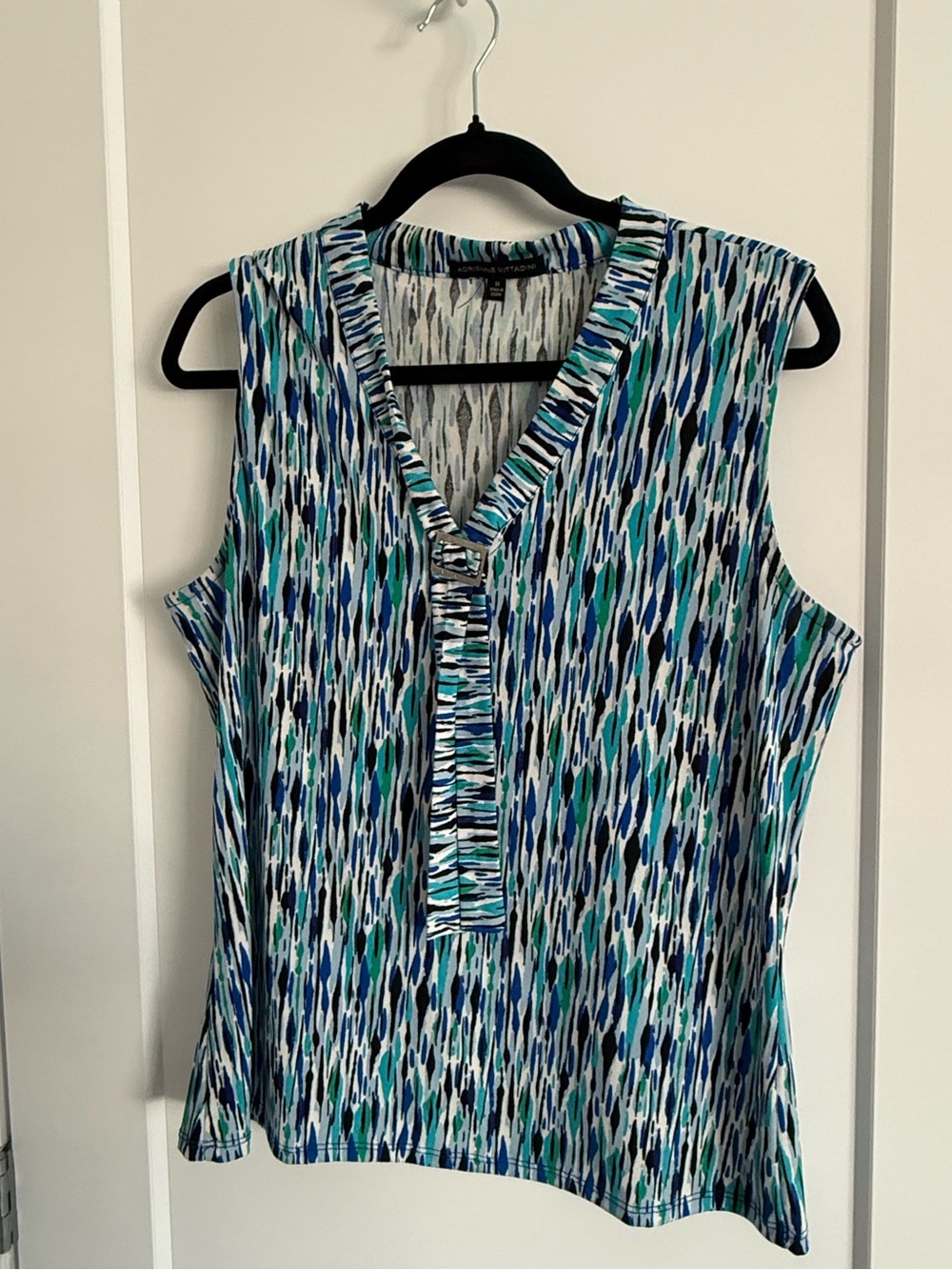 Blue Teal Abstract Sleeveless V-Neck Top